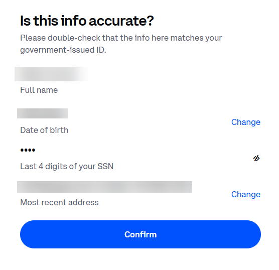 Coinbase information confirmation